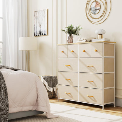 Nicehill Dresser for Bedroom with 10 Drawers, Storage Drawer Organizer, Tall Chest of Drawers for Closet, Clothes, Kids, Baby, Living Room, Wood Board, Fabric Drawers(Black Wood Grain)