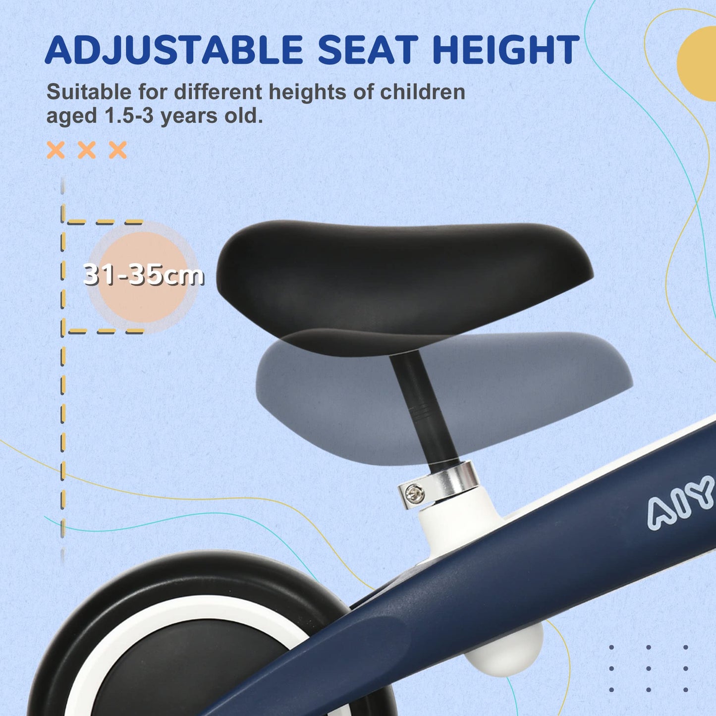 AIYAPLAY Baby Balance Bike Children Bike Without Pedals w/Adjustable Seat, for Toddlers, Ages 1.5-3 Years up to 25kg