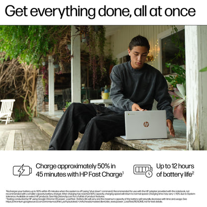 HP Chromebook 14" | Intel Processor N100 Processor| 4 GB RAM | 128 GB Flash Storage | Intel UHD Graphics | HD Display | Up to 12hrs battery | Chrome OS | Dual Speakers | Glacier Silver | 14a-nf0002sa