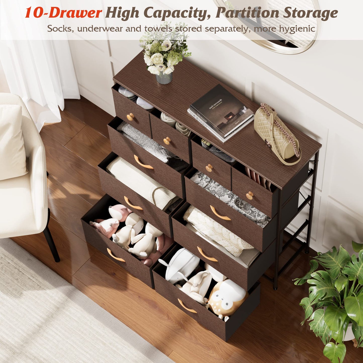 Nicehill Dresser for Bedroom with 10 Drawers, Storage Drawer Organizer, Tall Chest of Drawers for Closet, Clothes, Kids, Baby, Living Room, Wood Board, Fabric Drawers(Black Wood Grain)