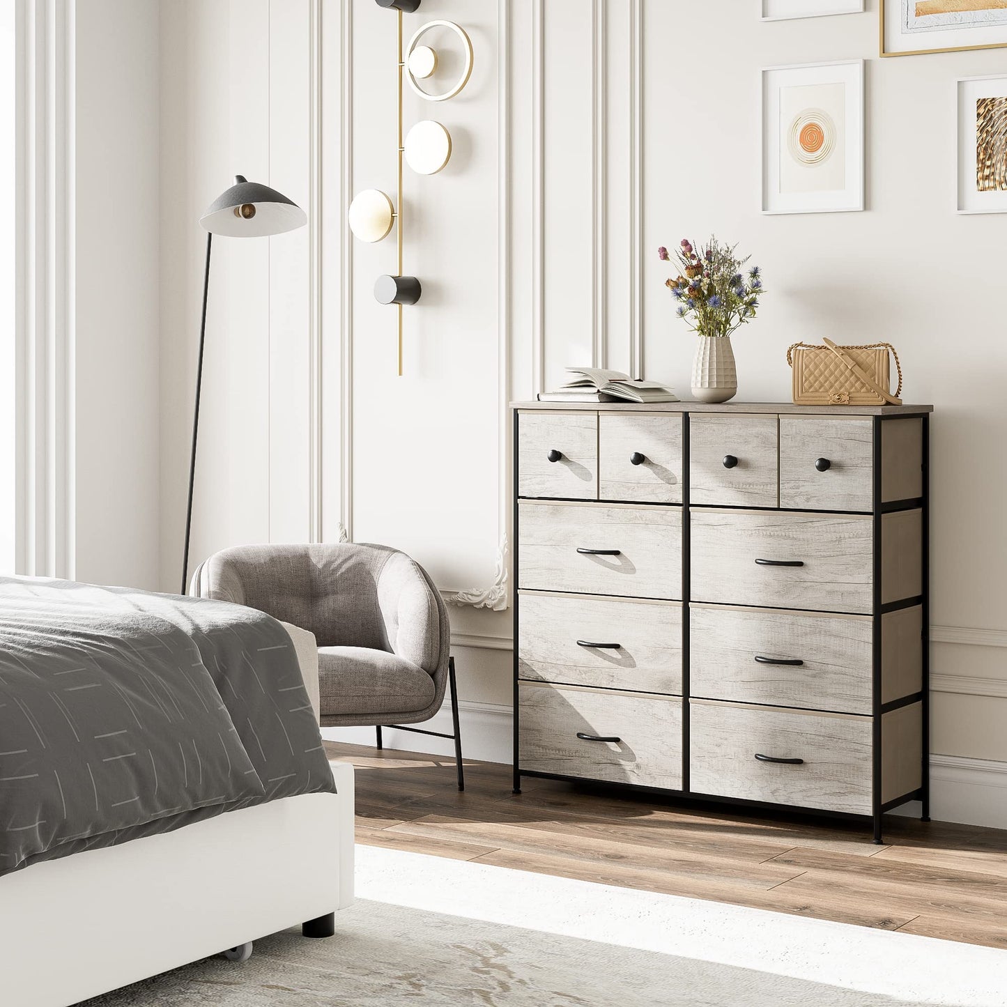 Nicehill Dresser for Bedroom with 10 Drawers, Storage Drawer Organizer, Tall Chest of Drawers for Closet, Clothes, Kids, Baby, Living Room, Wood Board, Fabric Drawers(Black Wood Grain)