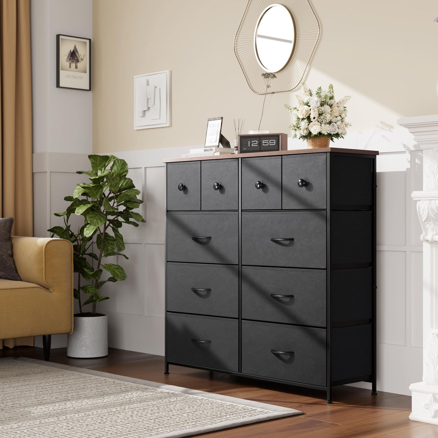 Nicehill Dresser for Bedroom with 10 Drawers, Storage Drawer Organizer, Tall Chest of Drawers for Closet, Clothes, Kids, Baby, Living Room, Wood Board, Fabric Drawers(Black Wood Grain)