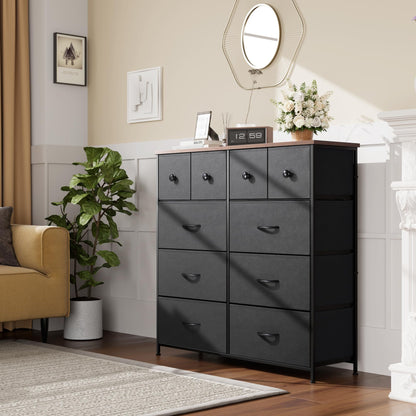 Nicehill Dresser for Bedroom with 10 Drawers, Storage Drawer Organizer, Tall Chest of Drawers for Closet, Clothes, Kids, Baby, Living Room, Wood Board, Fabric Drawers(Black Wood Grain)