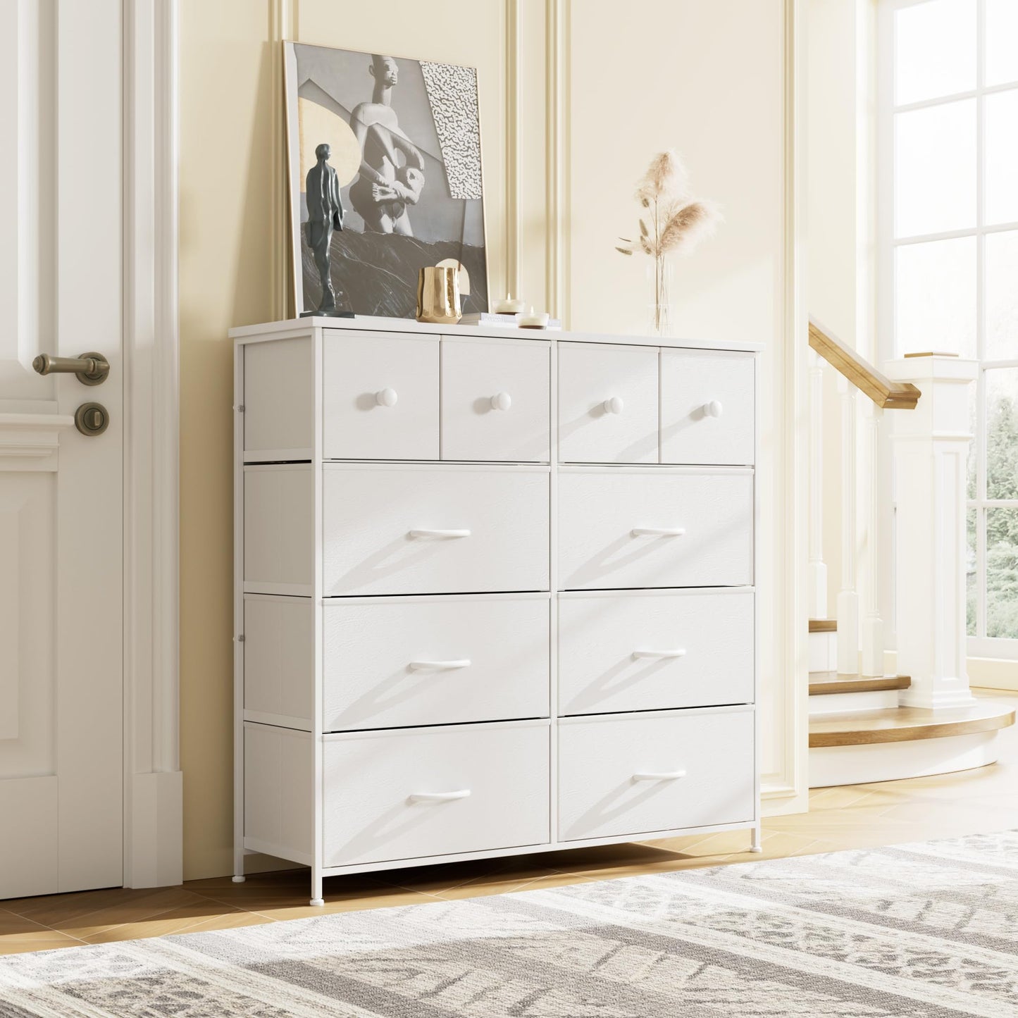 Nicehill Dresser for Bedroom with 10 Drawers, Storage Drawer Organizer, Tall Chest of Drawers for Closet, Clothes, Kids, Baby, Living Room, Wood Board, Fabric Drawers(Black Wood Grain)