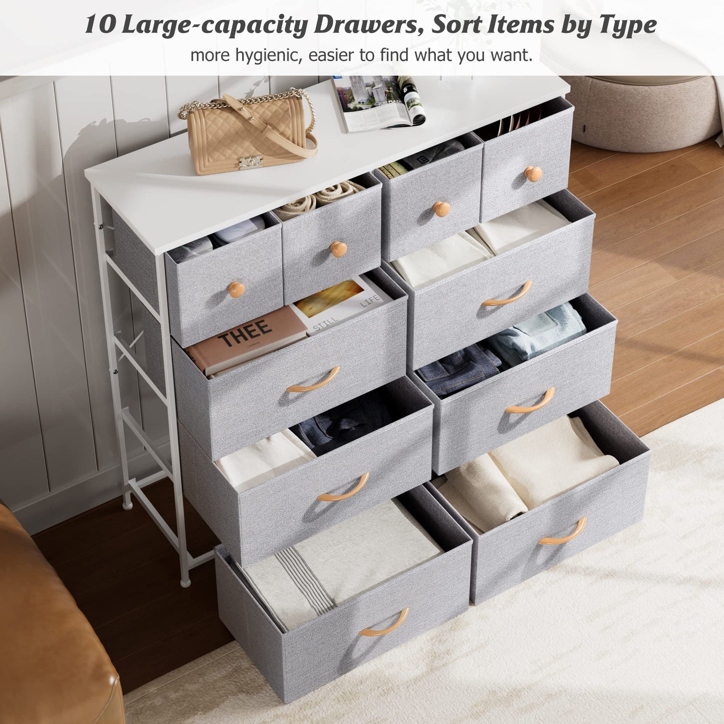 Nicehill Dresser for Bedroom with 10 Drawers, Storage Drawer Organizer, Tall Chest of Drawers for Closet, Clothes, Kids, Baby, Living Room, Wood Board, Fabric Drawers(Black Wood Grain)