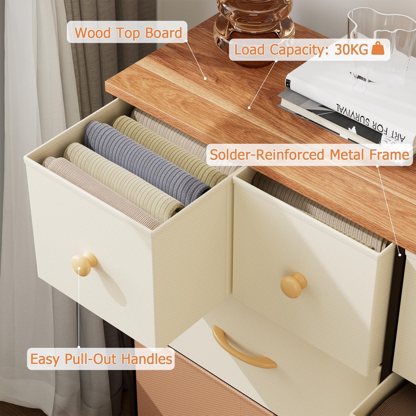 Nicehill Dresser for Bedroom with 10 Drawers, Storage Drawer Organizer, Tall Chest of Drawers for Closet, Clothes, Kids, Baby, Living Room, Wood Board, Fabric Drawers(Black Wood Grain)