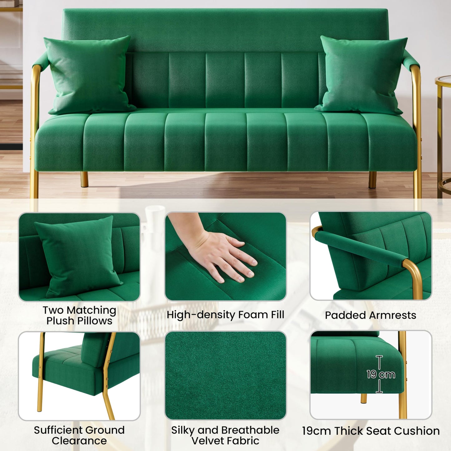 Yaheetech 2 Seater Modern Sofa Velvet Fabric Loveseat with Gold-tone Metal Arms and Legs for Bedroom, Home Office, Studio, Living Room Furniture Pink