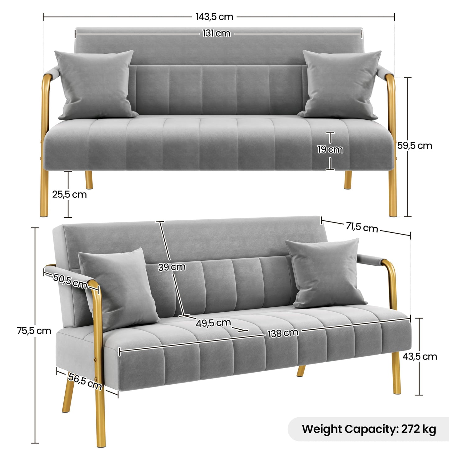 Yaheetech 2 Seater Modern Sofa Velvet Fabric Loveseat with Gold-tone Metal Arms and Legs for Bedroom, Home Office, Studio, Living Room Furniture Pink