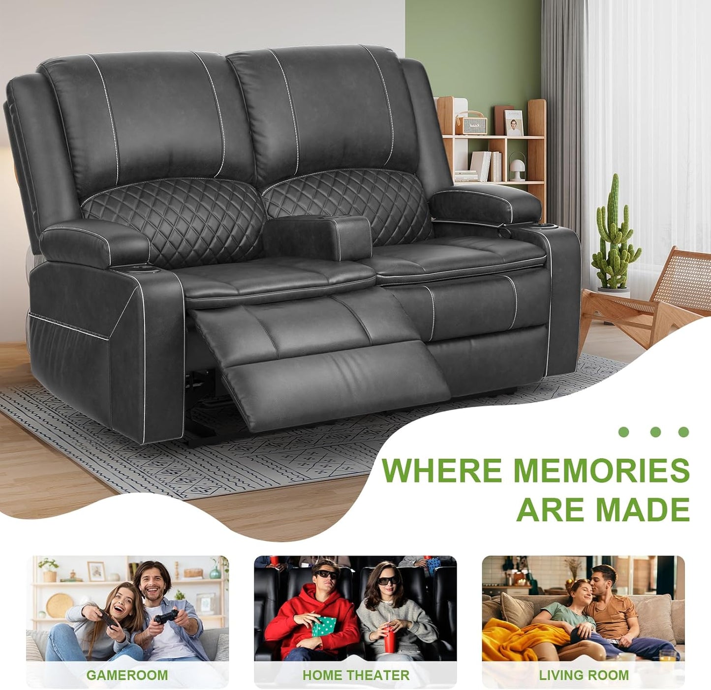 2 Seat Recliner Sofa, Reclining Loveseat with USB Charge Ports, 3 Cup Holders, 2 Side storage Pockets Recliner Love Seat Couches for Living Room, RV