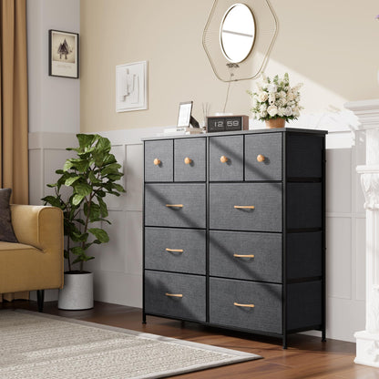 Nicehill Dresser for Bedroom with 10 Drawers, Storage Drawer Organizer, Tall Chest of Drawers for Closet, Clothes, Kids, Baby, Living Room, Wood Board, Fabric Drawers(Black Wood Grain)