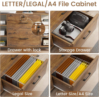 Mobile Filing Cabinet with 2 Drawers, Wood Rolling File Cabinet with Lock& Power Strip&6 Storage Shelves, Metal Document Storage Cabinet with Wheels for Home Office Furniture, Rustic Brown