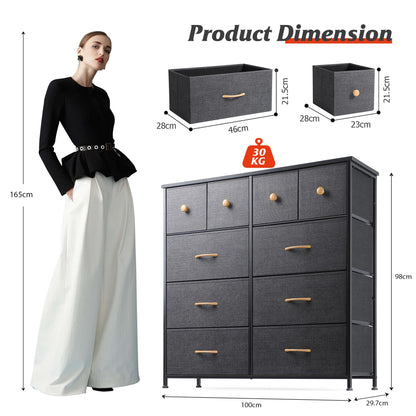 Nicehill Dresser for Bedroom with 10 Drawers, Storage Drawer Organizer, Tall Chest of Drawers for Closet, Clothes, Kids, Baby, Living Room, Wood Board, Fabric Drawers(Black Wood Grain)