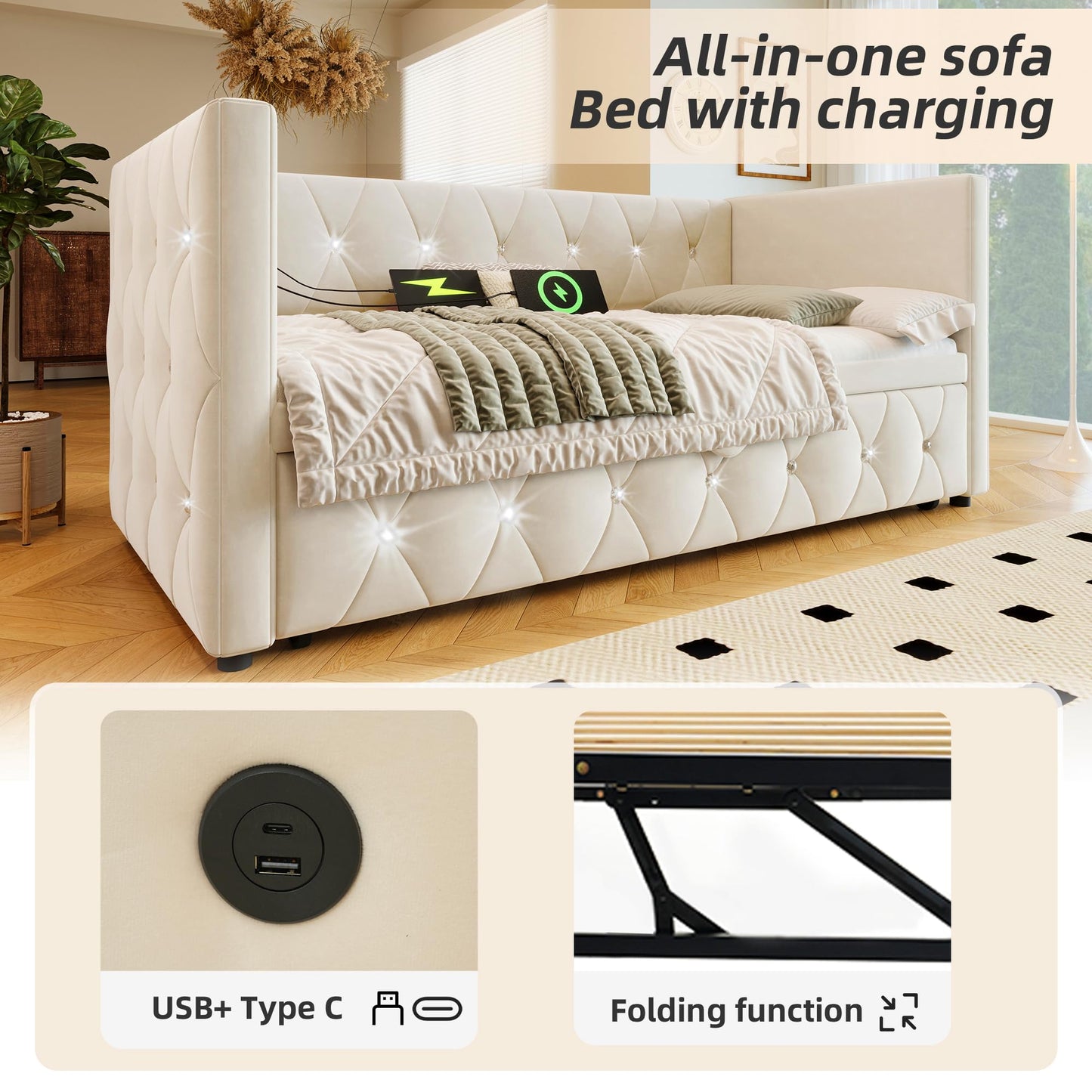Jtyca Daybed, Trundle Bed, Upholstered Single Bed with Pull Out Bed, Sofa Bed with USB-Type C-Charging Sations, Pull Out Trundle for Living Room and Bedroom, 90 x 190 cm, Velvet, Grey, (No Mattress)