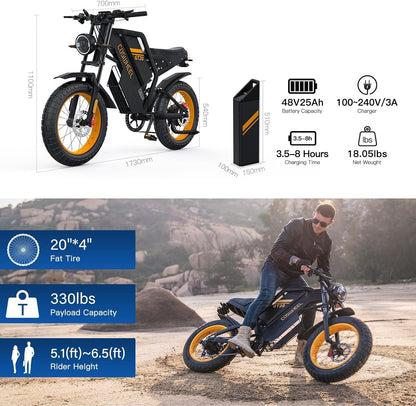 Electric Bikes GT20 For Adults,80Nm Motor Ebike with 48V 25AH 1200WH Removable Battery,Range Up to 140KM,Electric Mountain Bike with 7-Speed, 20" x4.0 Fat Tires Hydraulic Brake OFF Road Ebike