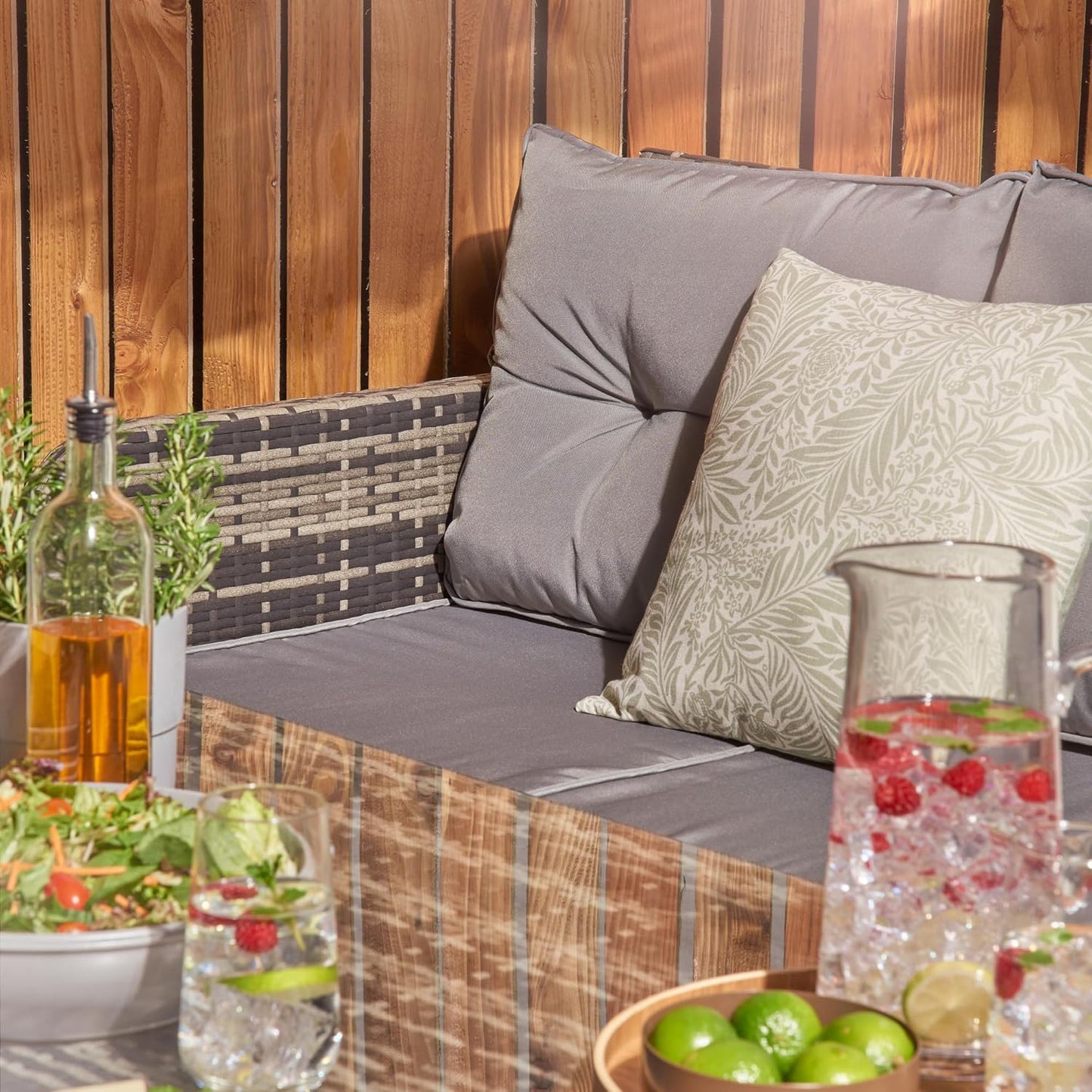 Home Treats Rattan Dining Set 7 Seater | Deluxe Garden Furniture Set | Patio Outdoor Dining Furniture Set With Rising Dining Table & Chairs Stools & Rain Cover | Grey Cushions Garden Lawn Furniture