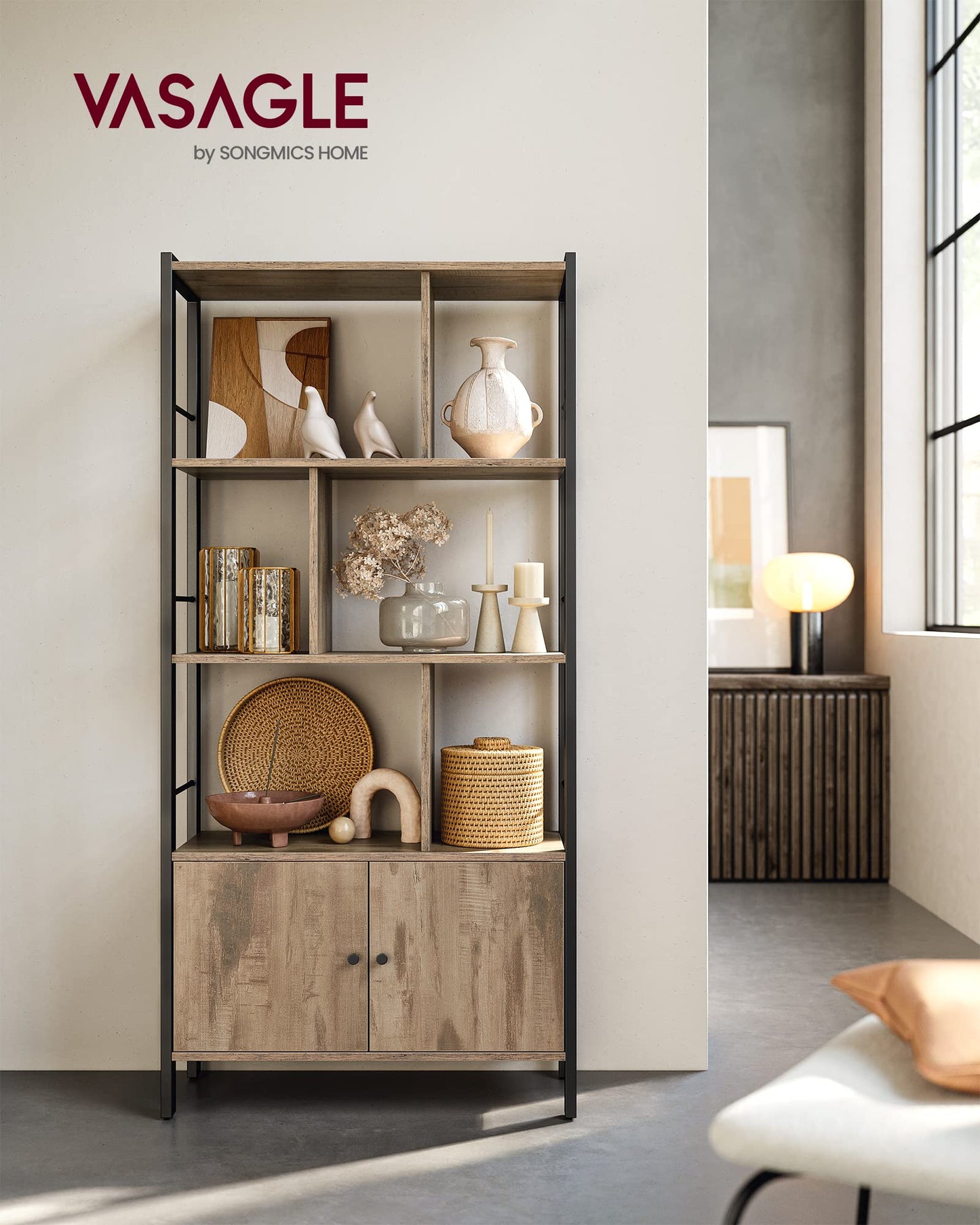 VASAGLE Bookshelf, Storage Shelf, Large Bookcase with Doors, 4 Shelves, Stable Steel Structure, Industrial Style, for Living Room, Office, Rustic Brown and Ink Black LBC022B01