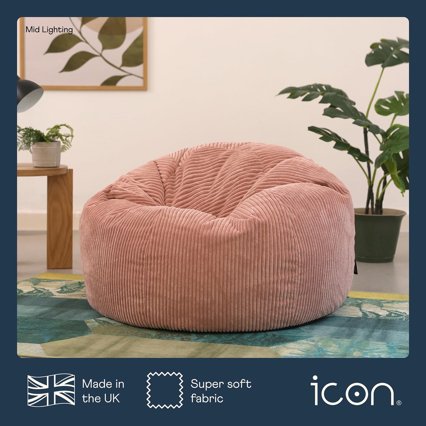 icon Kingston Cord Bean Bag, Beige, Large Adult Bean Bag Chair with Filling Included, Comfy Chair, Living Room Furniture, Bedroom Furniture