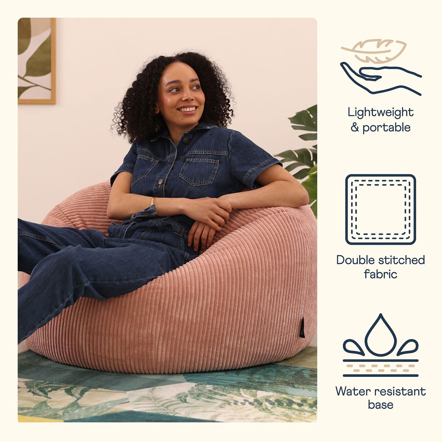 icon Kingston Cord Bean Bag, Beige, Large Adult Bean Bag Chair with Filling Included, Comfy Chair, Living Room Furniture, Bedroom Furniture