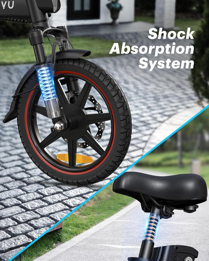 DYU A5 Electric Bike, 14" Portable Electric Bike, 48V 7.5AH Removable Battery,60KM Max Range, Folding Ebike with LCD Display, Remote Control,Shock Absorption System,Dual Disc Brakes,for Adults/Teens