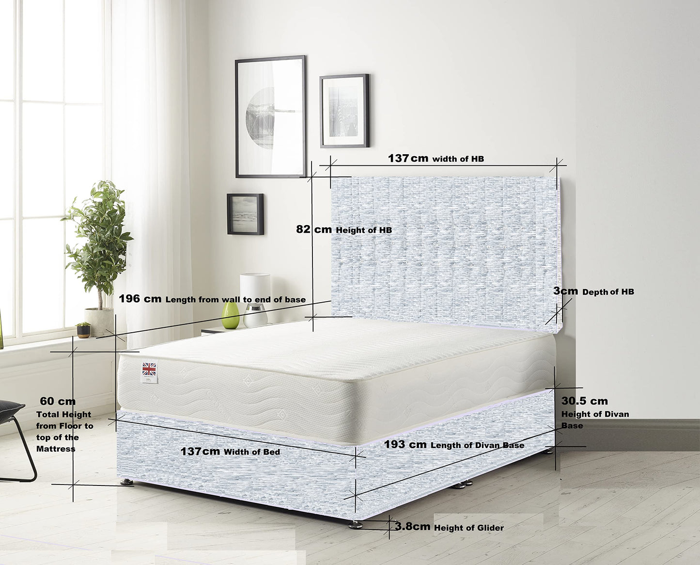 5FT King Size Divan Bed Ziggy Grey Plush Memory Foam Divan Bed Set With Mattress, 2 Drawers (Same Side) and Headboard (King (150cm X 200cm))
