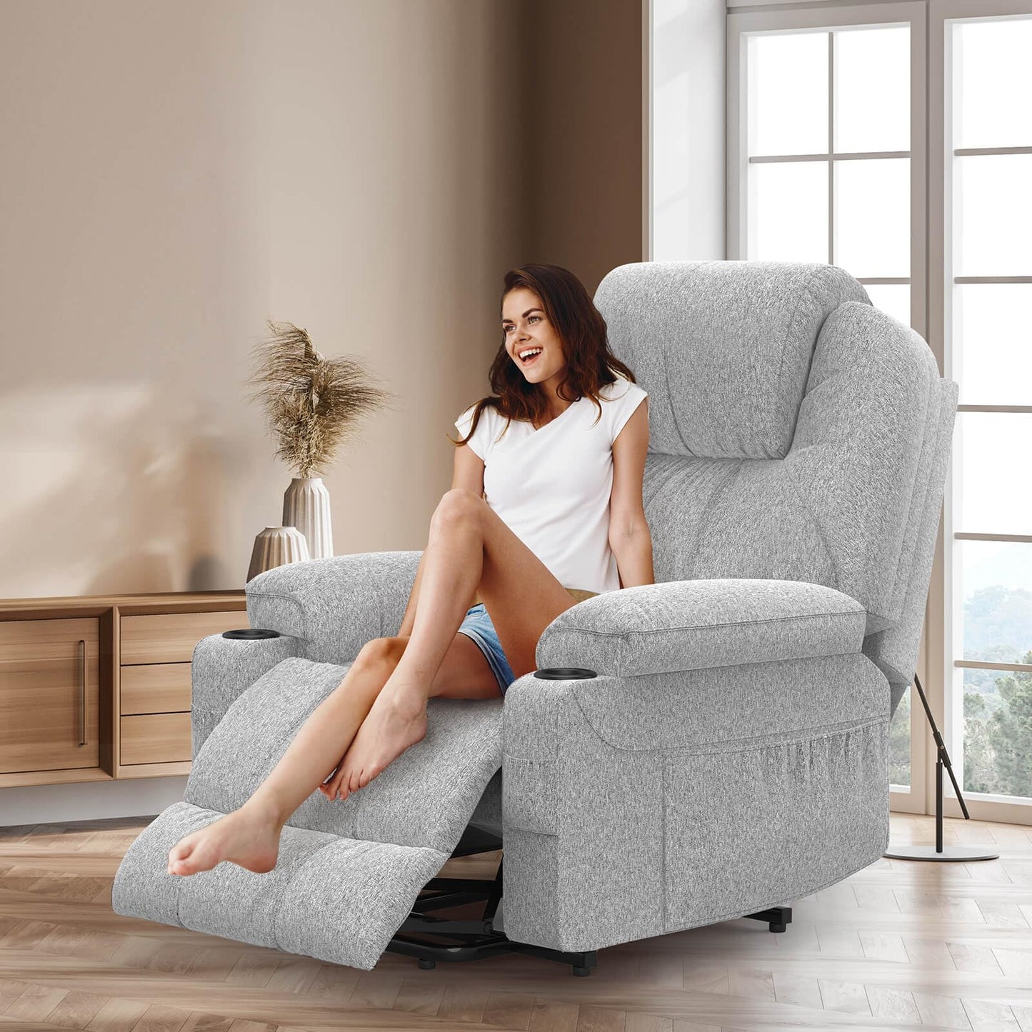 Recliner Armchair-Set of 3, Lift Chair For the Elderly, Power Recliner Chair with Massage & Heat, Extended Footrest, Type C+USB Ports, 2 Cup Holders, Dual Side Pockets Reclining Chairs