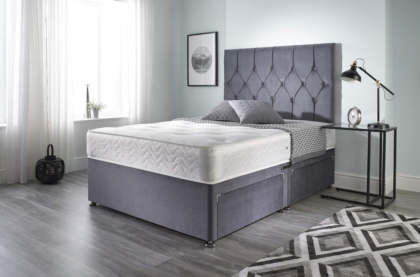 5FT King Size Divan Bed Ziggy Grey Plush Memory Foam Divan Bed Set With Mattress, 2 Drawers (Same Side) and Headboard (King (150cm X 200cm))