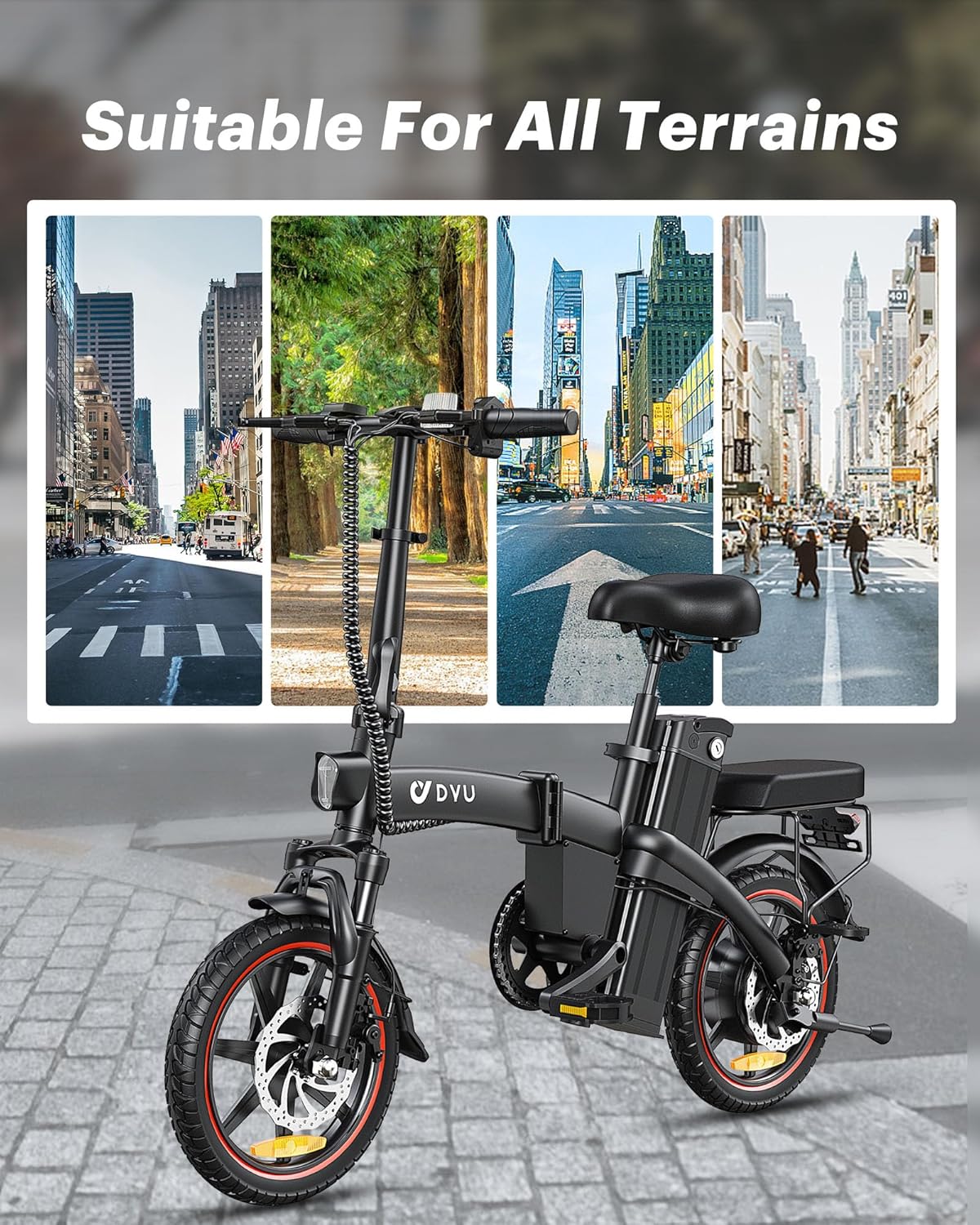 DYU A5 Electric Bike, 14" Portable Electric Bike, 48V 7.5AH Removable Battery,60KM Max Range, Folding Ebike with LCD Display, Remote Control,Shock Absorption System,Dual Disc Brakes,for Adults/Teens