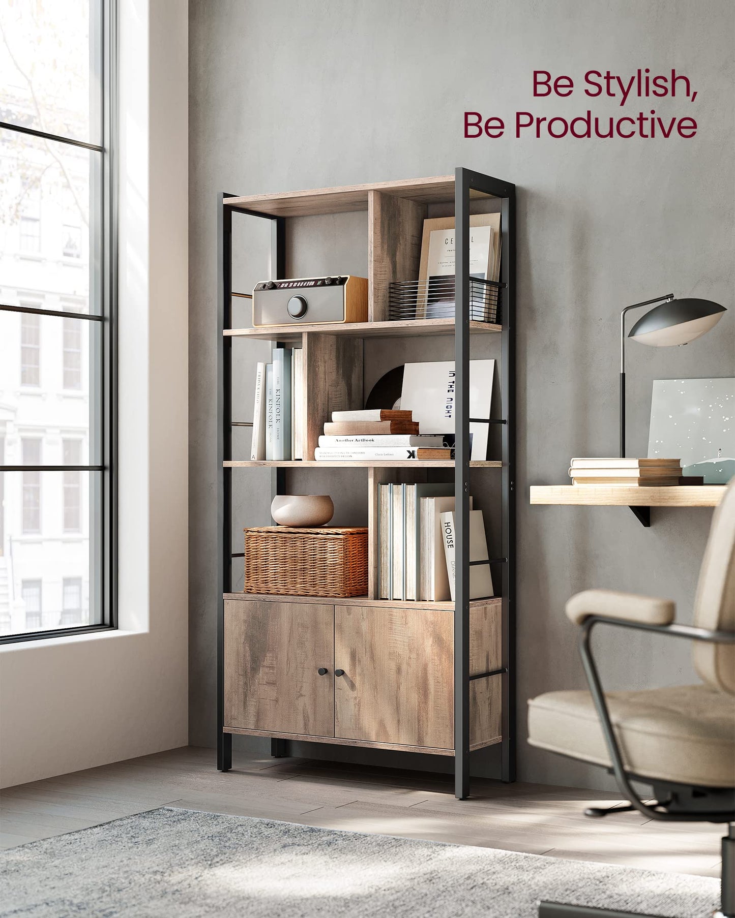 VASAGLE Bookshelf, Storage Shelf, Large Bookcase with Doors, 4 Shelves, Stable Steel Structure, Industrial Style, for Living Room, Office, Rustic Brown and Ink Black LBC022B01
