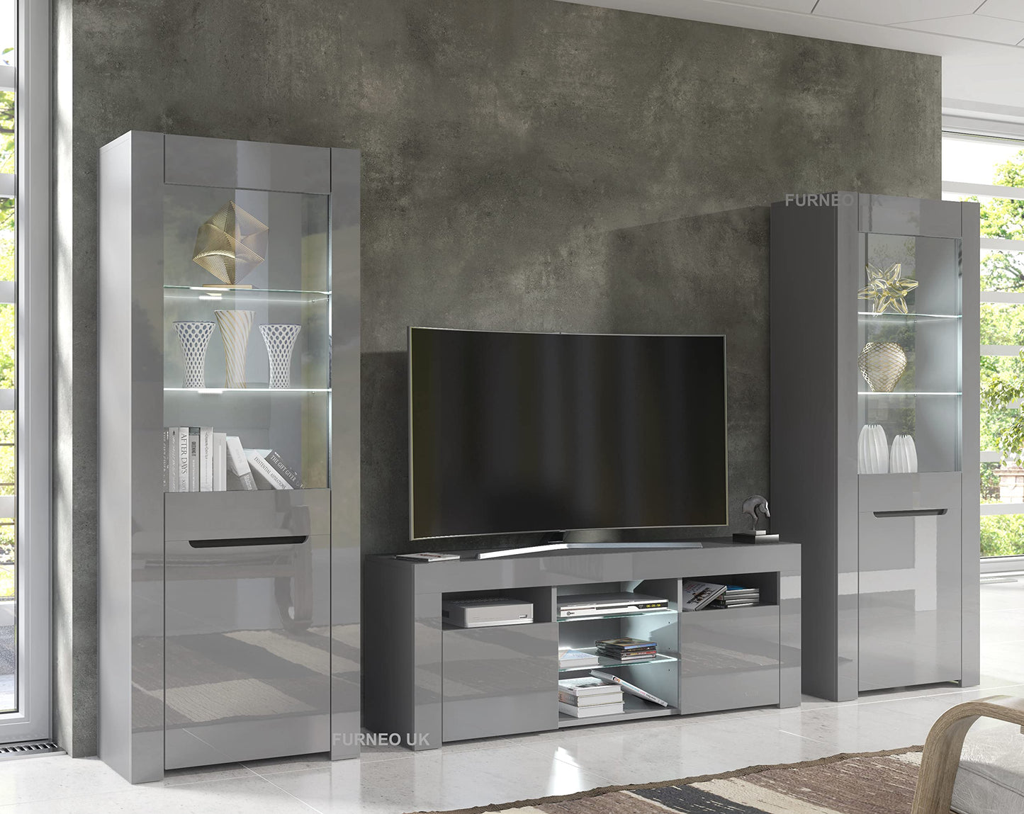 High Gloss & Matt Grey Living Room Set TV Stand Display Cabinets MilanoG White LED Lights