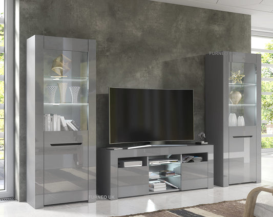 High Gloss & Matt Grey Living Room Set TV Stand Display Cabinets MilanoG White LED Lights