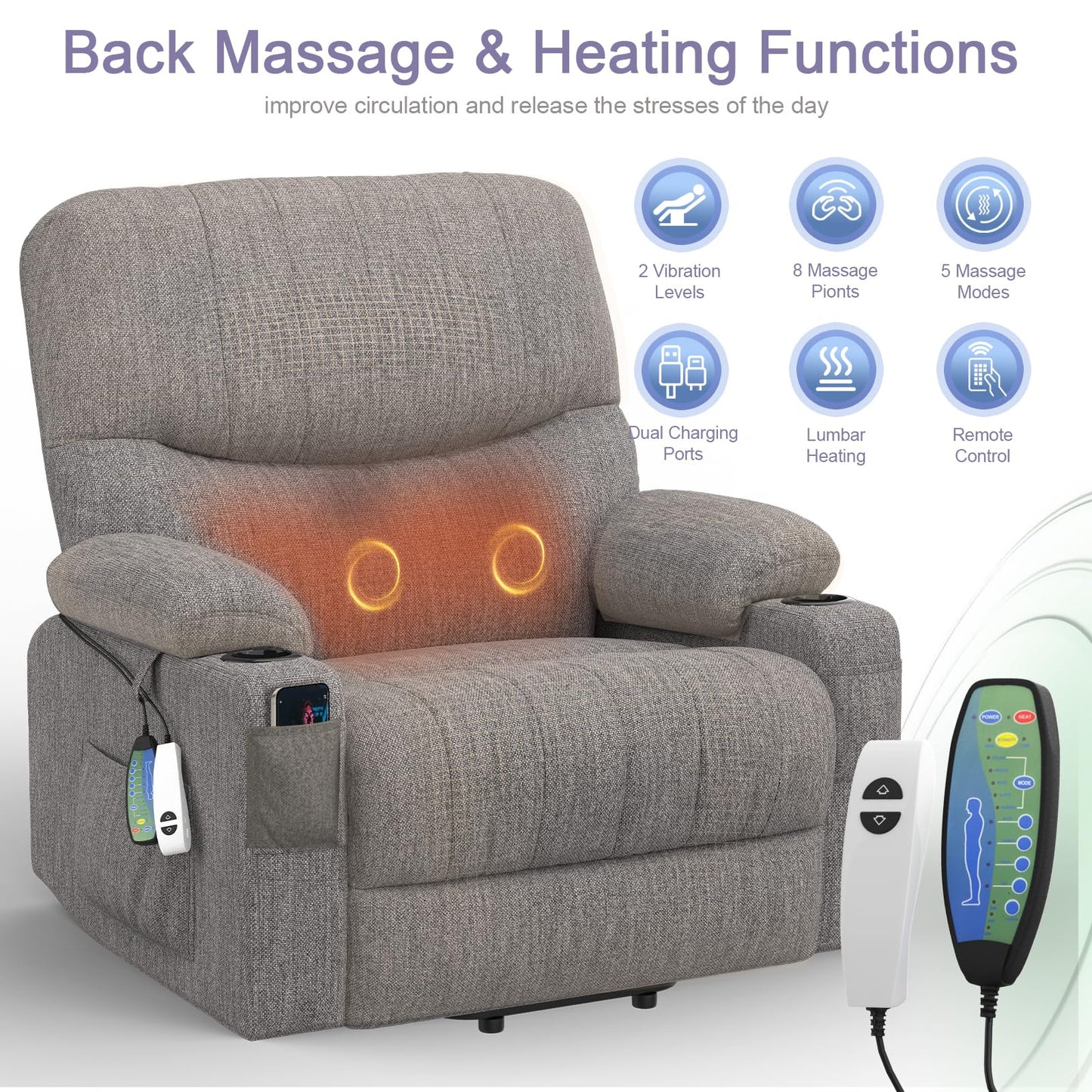 BareTay Recliner Armchair Electric Lift Chair with Massage & Heat, Extended Footrest, Oversized Riser Reclining Chair Lounge Sofa with Type C+USB, 2 Drink Holders, 4 Side Pockets