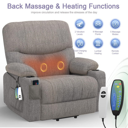 BareTay Recliner Armchair Electric Lift Chair with Massage & Heat, Extended Footrest, Oversized Riser Reclining Chair Lounge Sofa with Type C+USB, 2 Drink Holders, 4 Side Pockets