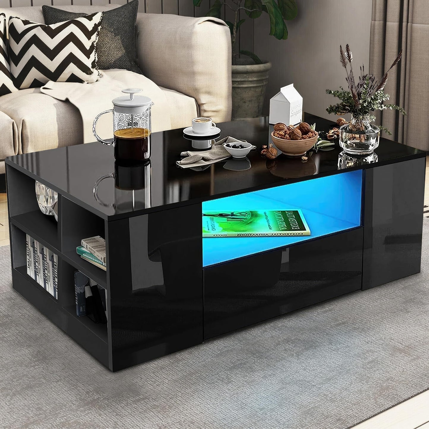 High Gloss Coffee Table, Coffee Table with Storage, Coffee Tables for Living Room with Led RGB Lights 2 Drawer Storage and Open Shelf Rectangle Centre Tea Table for Home Office Furniture, Grey