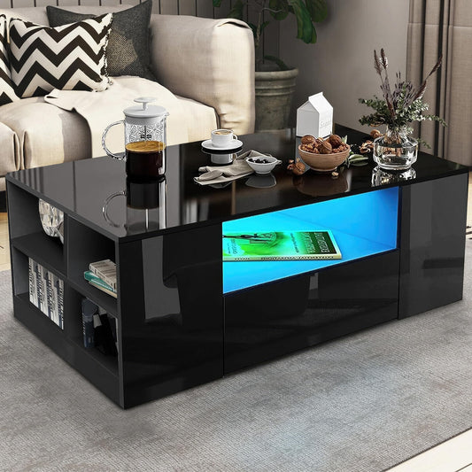High Gloss Coffee Table, Coffee Table with Storage, Coffee Tables for Living Room with Led RGB Lights 2 Drawer Storage and Open Shelf Rectangle Centre Tea Table for Home Office Furniture, Grey