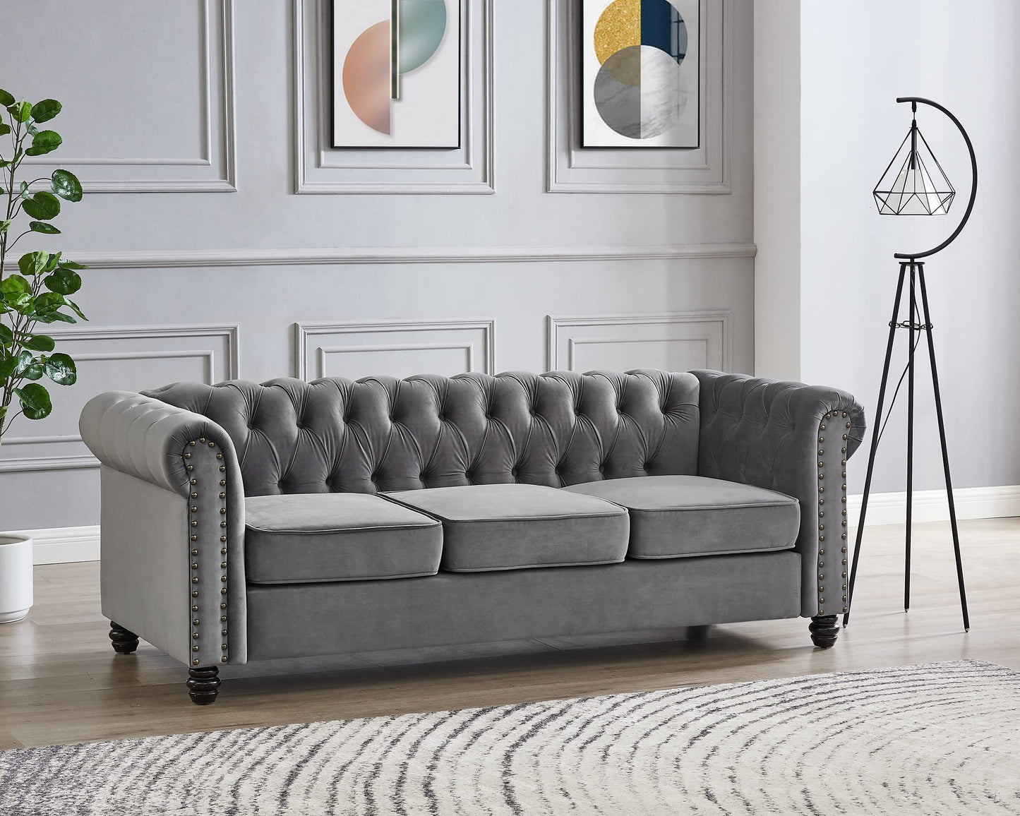 Chesterfield Sofa Velvet Upholstered Couch in 2 Seater or 3 Seater Fabric Sofa in Grey, Blue, Black, Green, Gold (2 Seater, Black)