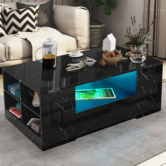 High Gloss Coffee Table, Coffee Table with Storage, Coffee Tables for Living Room with Led RGB Lights 2 Drawer Storage and Open Shelf Rectangle Centre Tea Table for Home Office Furniture, Grey