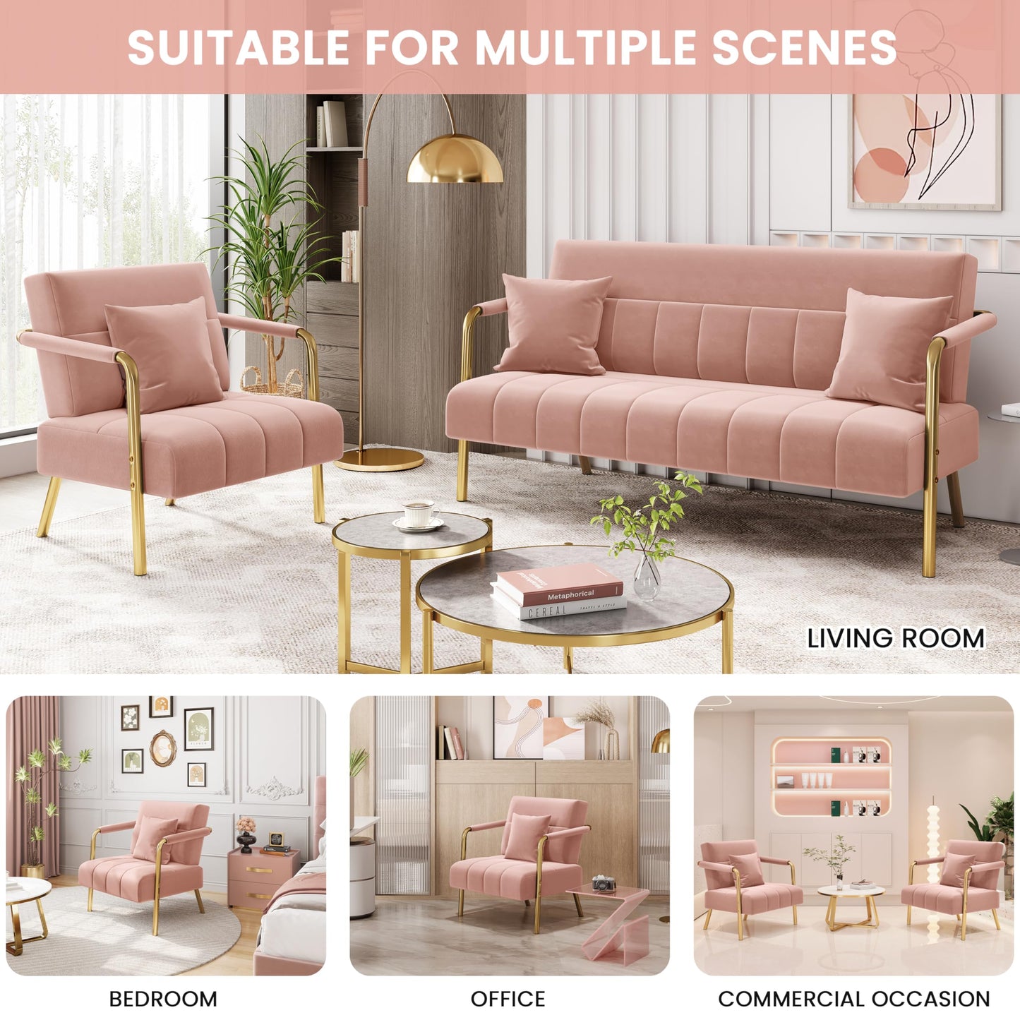 Yaheetech 2 Seater Modern Sofa Velvet Fabric Loveseat with Gold-tone Metal Arms and Legs for Bedroom, Home Office, Studio, Living Room Furniture Pink