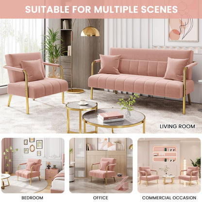 Yaheetech 2 Seater Modern Sofa Velvet Fabric Loveseat with Gold-tone Metal Arms and Legs for Bedroom, Home Office, Studio, Living Room Furniture Pink