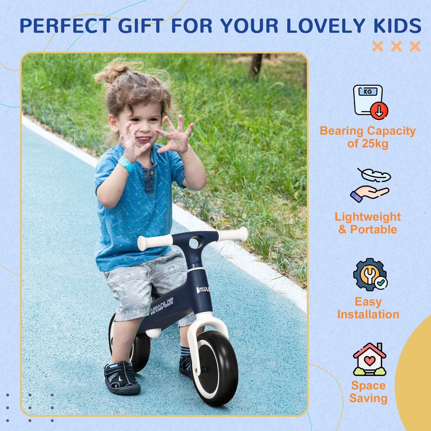 AIYAPLAY Baby Balance Bike Children Bike Without Pedals w/Adjustable Seat, for Toddlers, Ages 1.5-3 Years up to 25kg