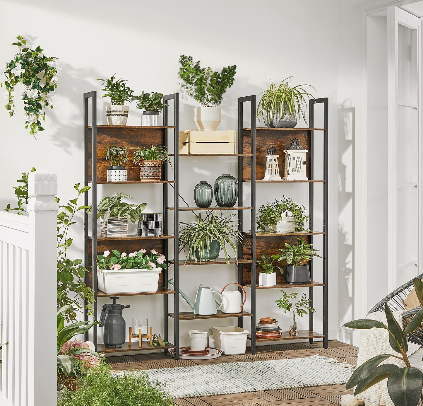 VASAGLE Bookcase, Bookshelf with 14 Shelves, Metal Frame, Shelf Unit for Living Room, Home Office, Industrial Style, 24 x 158 x 166 cm, Rustic Brown and Ink Black LLS107B01