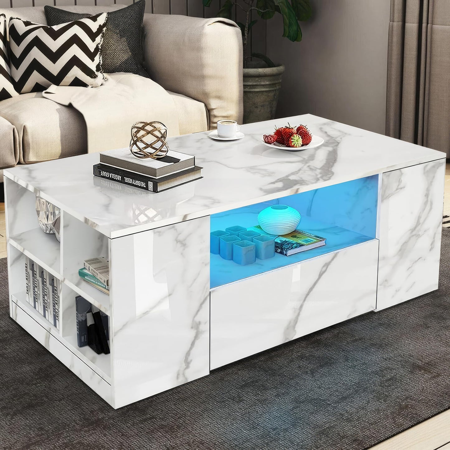 High Gloss Coffee Table, Coffee Table with Storage, Coffee Tables for Living Room with Led RGB Lights 2 Drawer Storage and Open Shelf Rectangle Centre Tea Table for Home Office Furniture, Grey