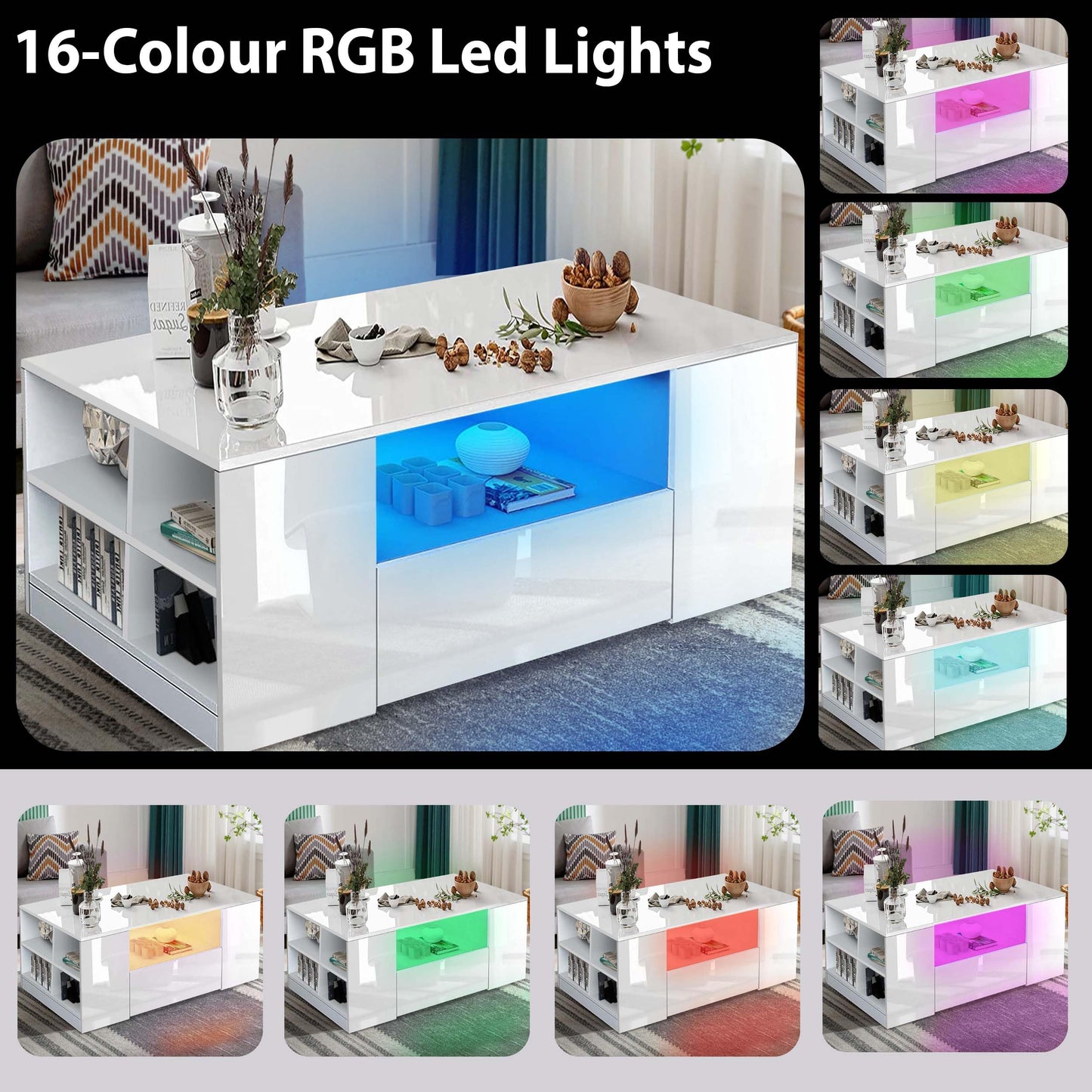 High Gloss Coffee Table, Coffee Table with Storage, Coffee Tables for Living Room with Led RGB Lights 2 Drawer Storage and Open Shelf Rectangle Centre Tea Table for Home Office Furniture, Grey