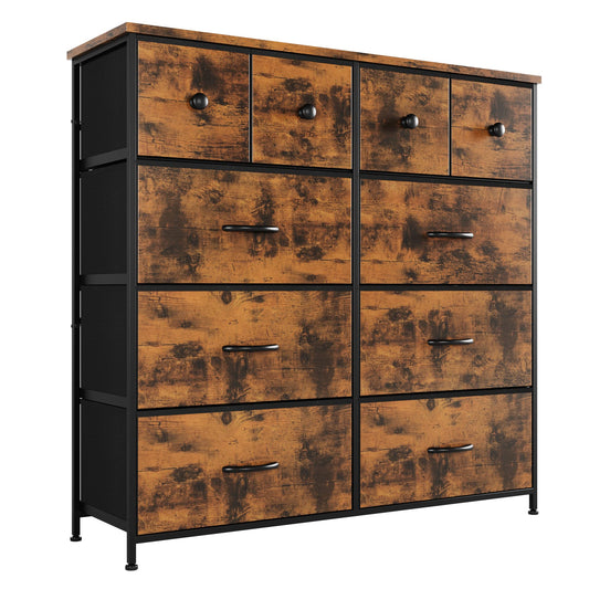 Nicehill Dresser for Bedroom with 10 Drawers, Storage Drawer Organizer, Tall Chest of Drawers for Closet, Clothes, Kids, Baby, Living Room, Wood Board, Fabric Drawers(Black Wood Grain)