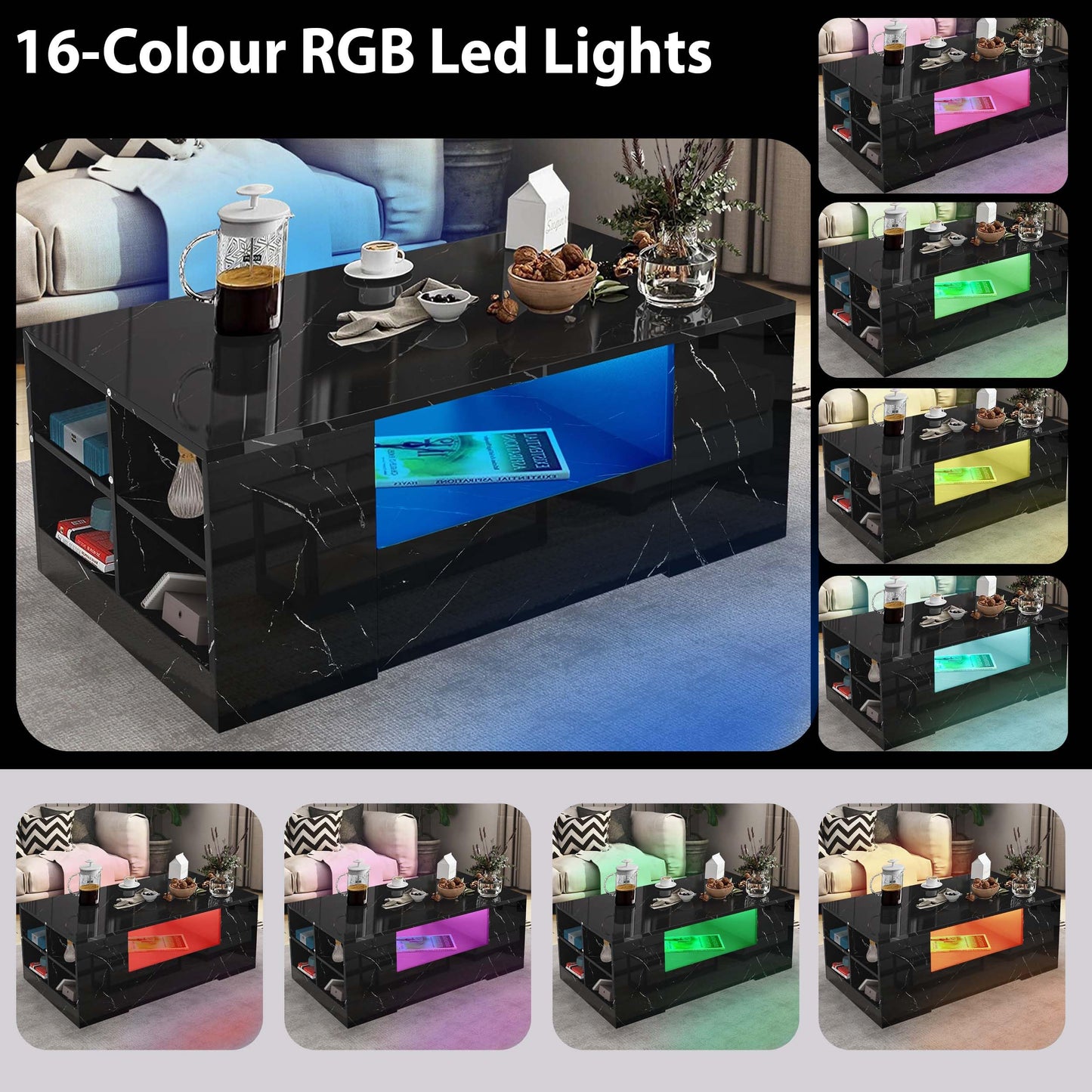 High Gloss Coffee Table, Coffee Table with Storage, Coffee Tables for Living Room with Led RGB Lights 2 Drawer Storage and Open Shelf Rectangle Centre Tea Table for Home Office Furniture, Grey