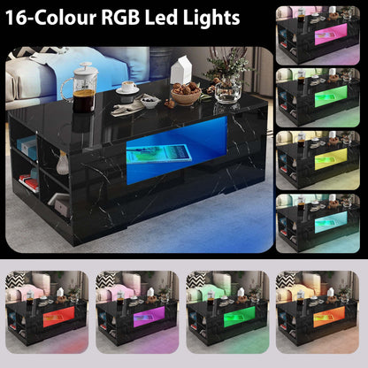 High Gloss Coffee Table, Coffee Table with Storage, Coffee Tables for Living Room with Led RGB Lights 2 Drawer Storage and Open Shelf Rectangle Centre Tea Table for Home Office Furniture, Grey