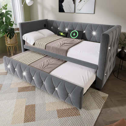 Jtyca Daybed, Trundle Bed, Upholstered Single Bed with Pull Out Bed, Sofa Bed with USB-Type C-Charging Sations, Pull Out Trundle for Living Room and Bedroom, 90 x 190 cm, Velvet, Grey, (No Mattress)