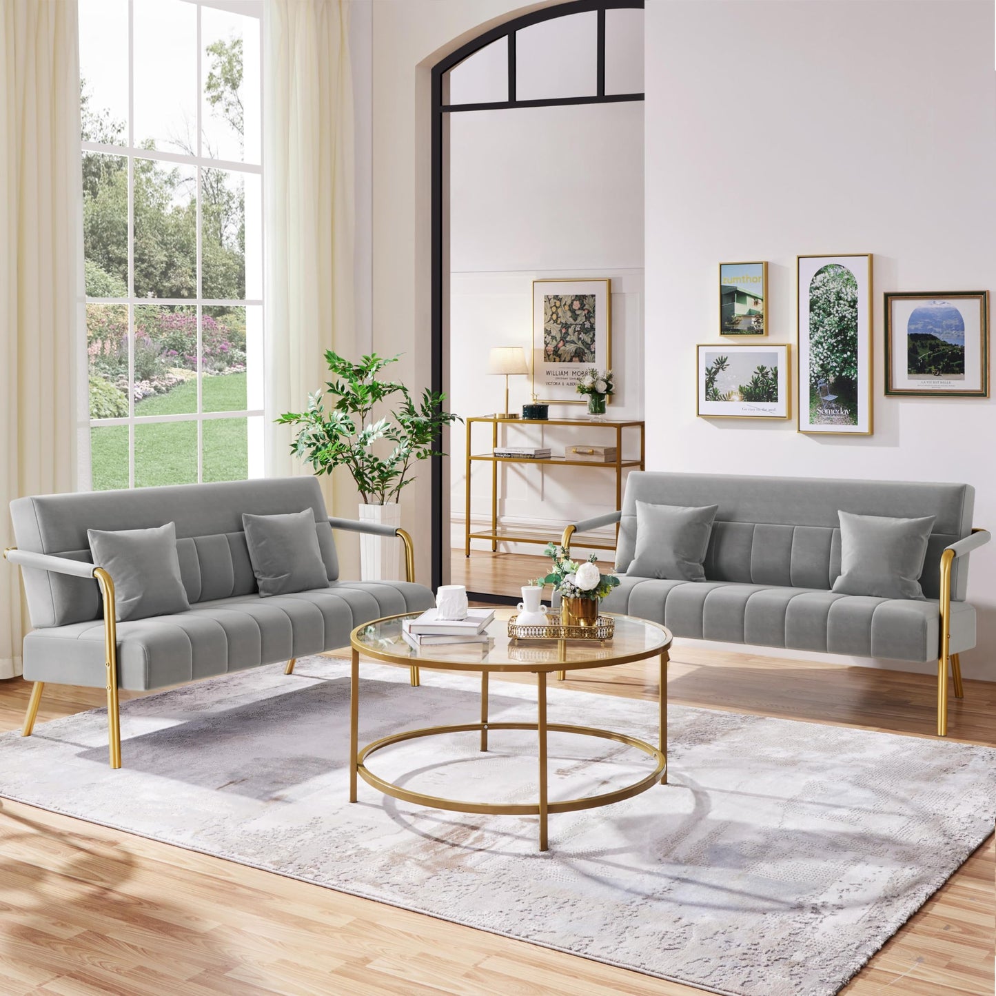 Yaheetech 2 Seater Modern Sofa Velvet Fabric Loveseat with Gold-tone Metal Arms and Legs for Bedroom, Home Office, Studio, Living Room Furniture Pink