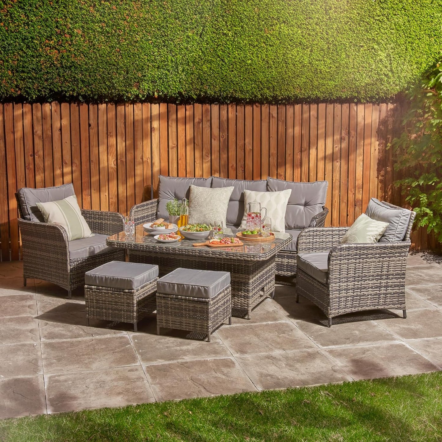 Home Treats Rattan Dining Set 7 Seater | Deluxe Garden Furniture Set | Patio Outdoor Dining Furniture Set With Rising Dining Table & Chairs Stools & Rain Cover | Grey Cushions Garden Lawn Furniture