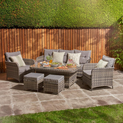 Home Treats Rattan Dining Set 7 Seater | Deluxe Garden Furniture Set | Patio Outdoor Dining Furniture Set With Rising Dining Table & Chairs Stools & Rain Cover | Grey Cushions Garden Lawn Furniture