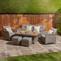 Home Treats Rattan Dining Set 7 Seater | Deluxe Garden Furniture Set | Patio Outdoor Dining Furniture Set With Rising Dining Table & Chairs Stools & Rain Cover | Grey Cushions Garden Lawn Furniture